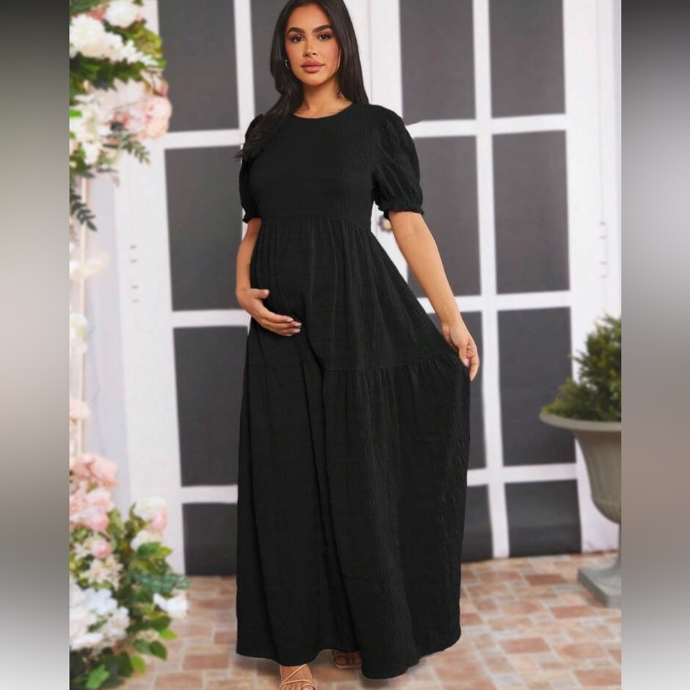 Maternity Elegant Black Maxi Sundress with Puff Sleeves